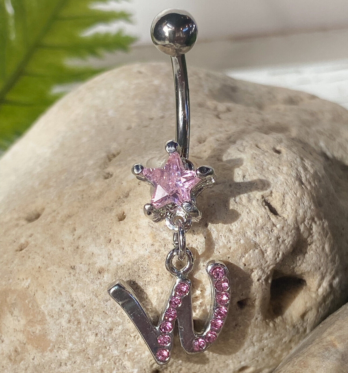 1pc Initial Belly Ring "Metro" Style Pink Gems Navel Naval Letter Body Jewelry (Initial: W)