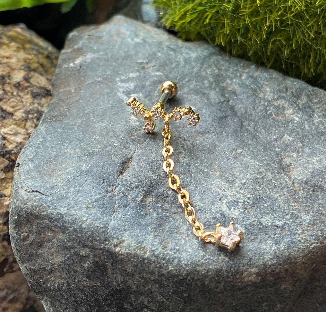 1pc CZ Gem Vine w/ Chain Tragus Helix Cartilage Barbell Ring 16g 1/4" (Color: Gold)