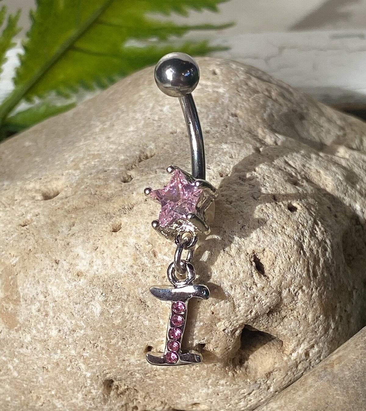1pc Initial Belly Ring "Metro" Style Pink Gems Navel Naval Letter Body Jewelry (Initial: I)