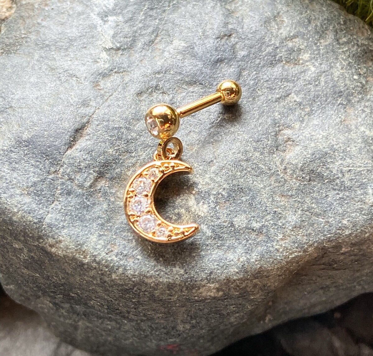 1pc CZ Gem Moon Dangle Surgical Steel Tragus Cartilage Barbell Ring 16g 1/4 (Color: Gold)