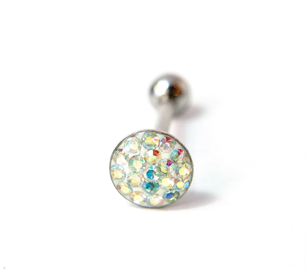 1pc Epoxy Coated Round Paved Crystals Tongue Tounge Ring Barbell Body Jewelry (Color: Aurora Borealis)