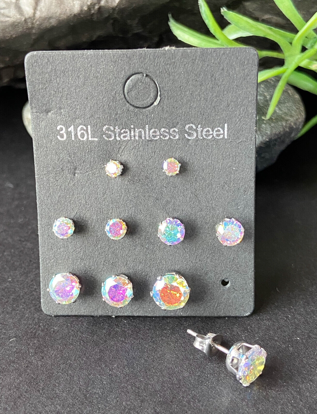 5 PAIR CZ Gem Stud Earrings 316L Stainless Steel retail / display peggable card (Color: Steel/Aurora Borealis)