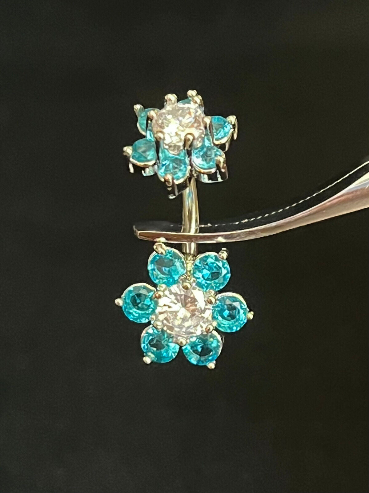 1pc Double 7 Gem Flower Internally Threaded Belly Ring Steel Navel Naval (Color: Aqua/Clear)