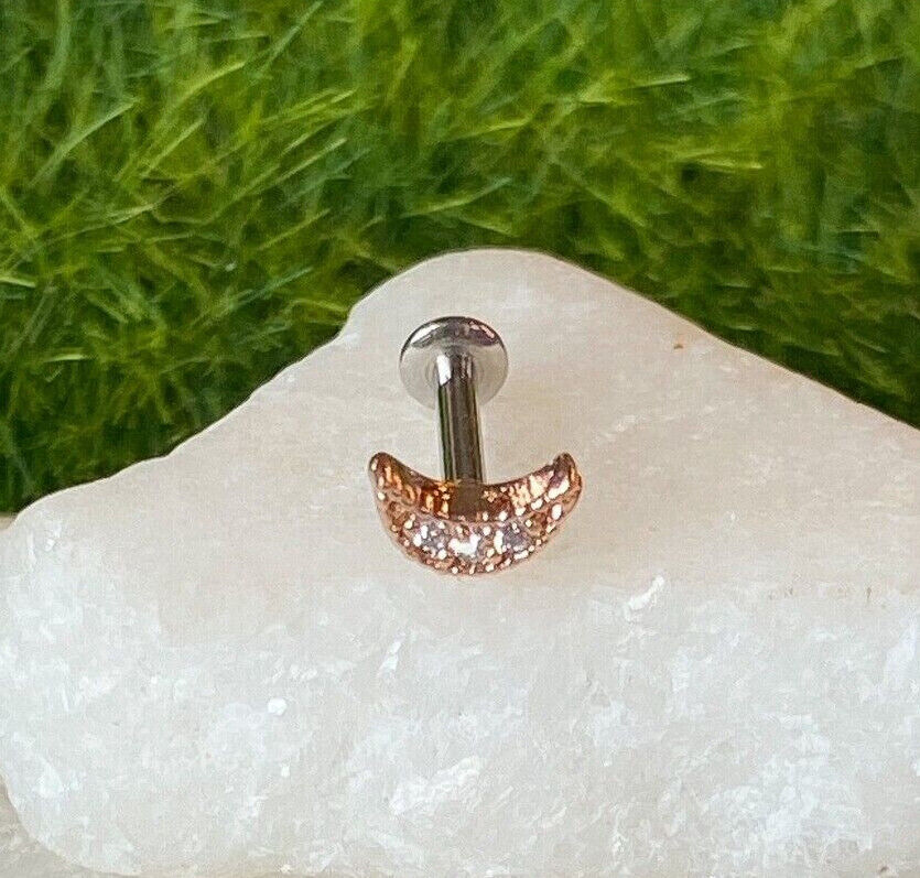 1pc CZ Crescent Moon 16g Internally Threaded 1/4" or 5/16" Steel Labret Monroe (Color: Rose Gold)