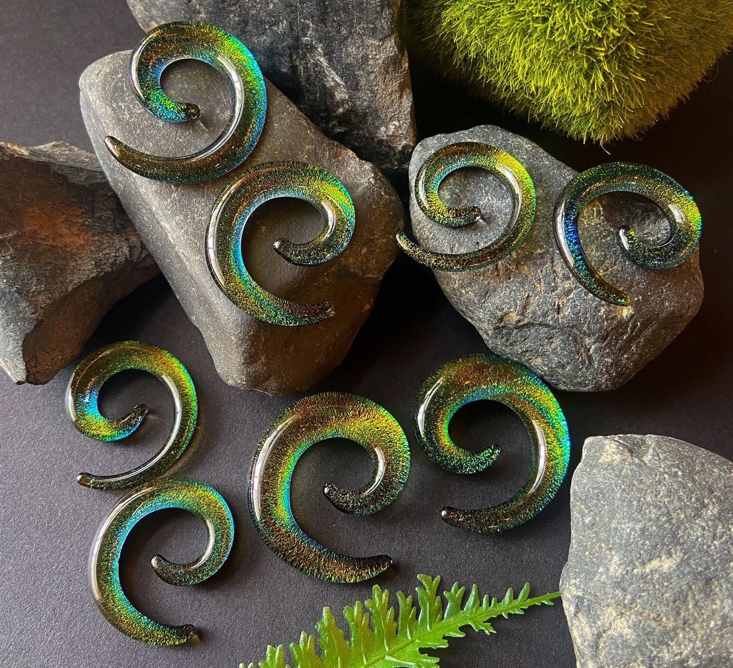 PAIR Green Glitter Foil Glass Spiral Tapers Expanders Plugs Gauges Body Jewelry