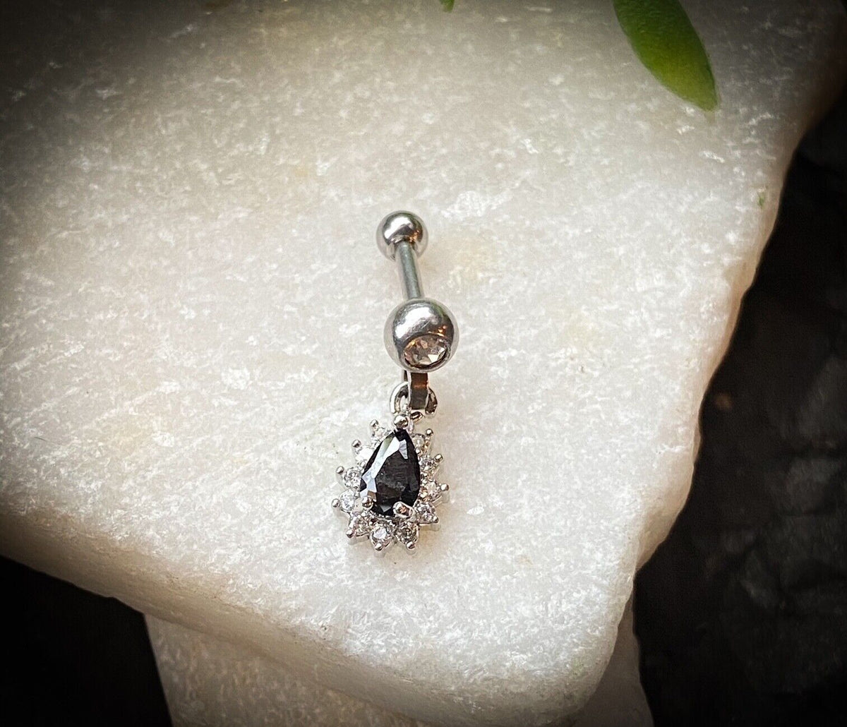 1pc CZ Gem Pear Dangle Surgical Steel Tragus Cartilage Barbell Ring 16g 1/4 (Color: Black)