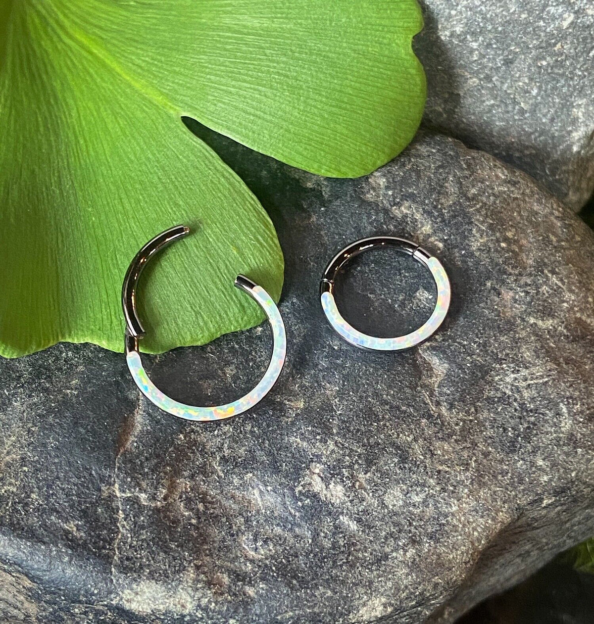 1pc Opal Front Edge Hinged Segment Ring Septum Clicker Steel Daith Hoop Jewelry (Color: Black - White)