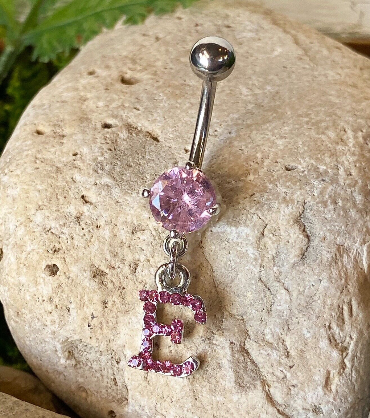 1pc Initial Paved Pink Gem Belly Ring Pierced Navel Letter Naval Piercing (Initial: E)