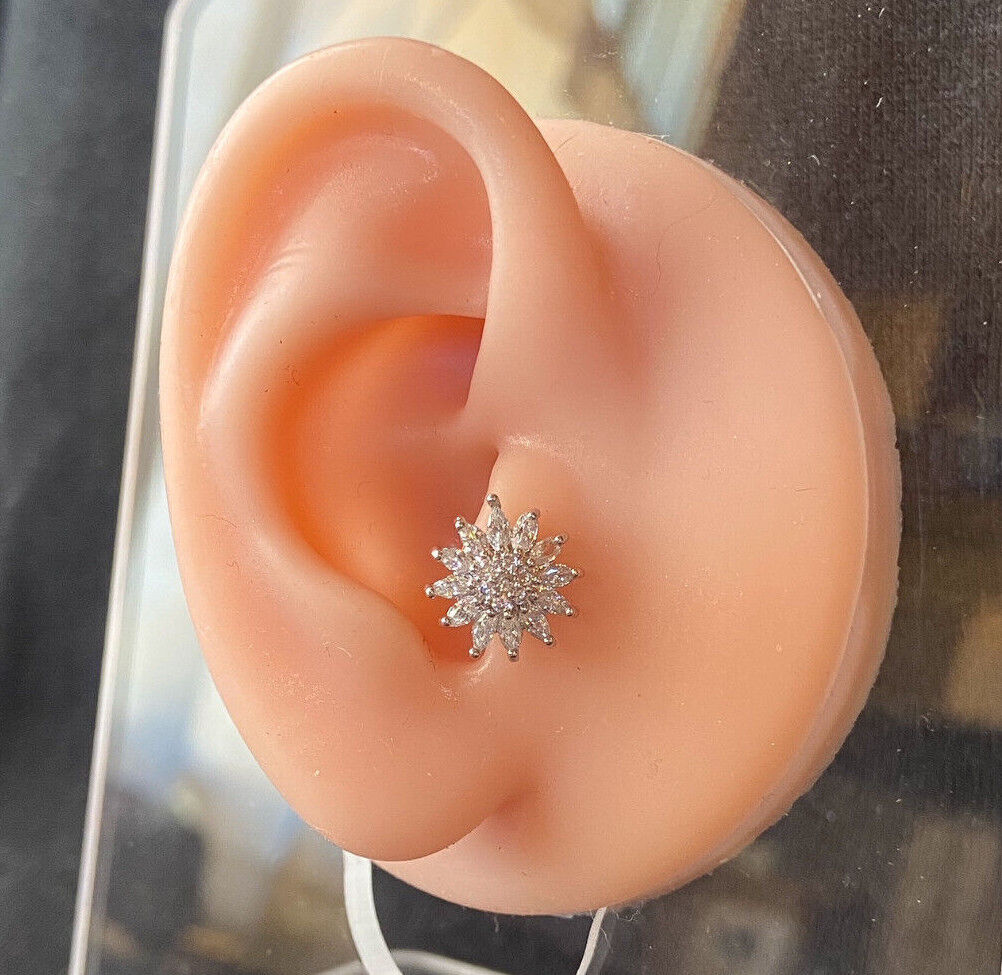 1pc CZ Gem Paved Flower Surgical Steel Tragus Cartilage Barbell Ring 16g 1/4"