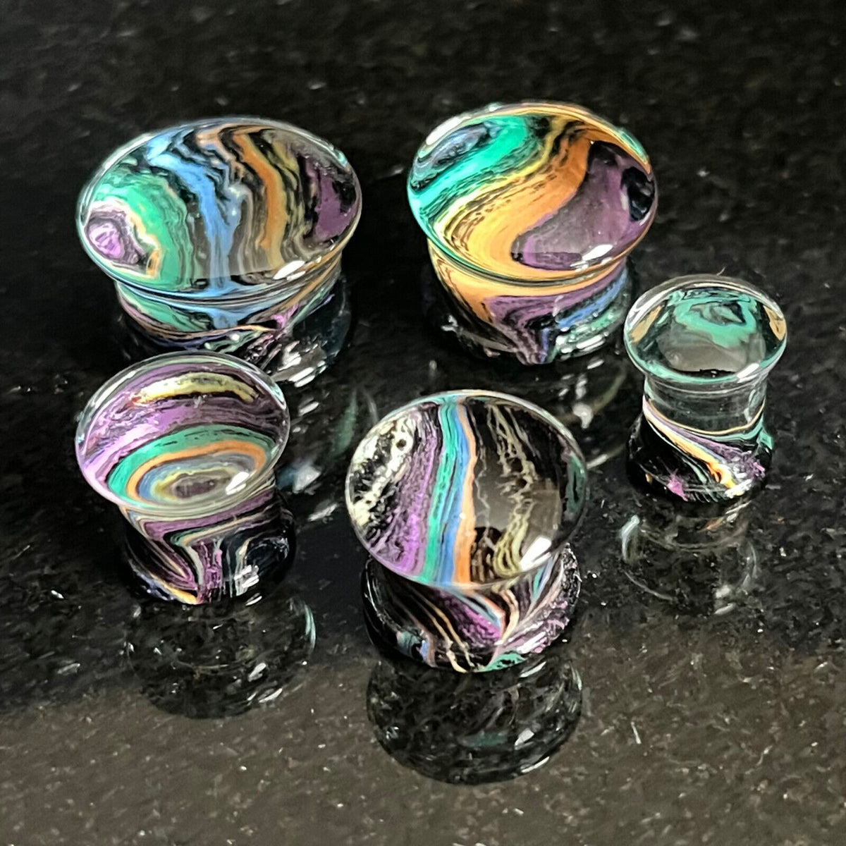 PAIR Rainbow Waves Design Glass Plugs Gauges Tunnels Body Ear Piercing Jewelry