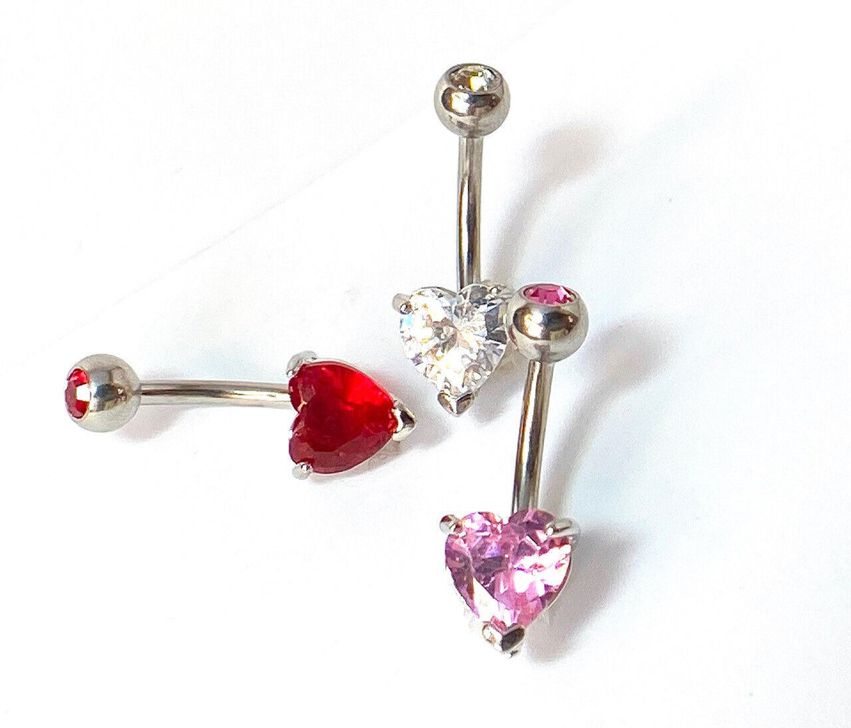 3pc Value Pack Heart Prong Set CZ Gem Surgical Steel Belly Rings Navel Naval