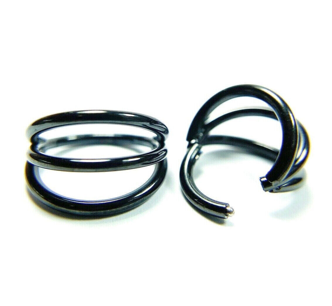 1pc Solid Titanium Triple Hoop Hinged Segment Ring Helix Cartilage Clicker (Color: Black)