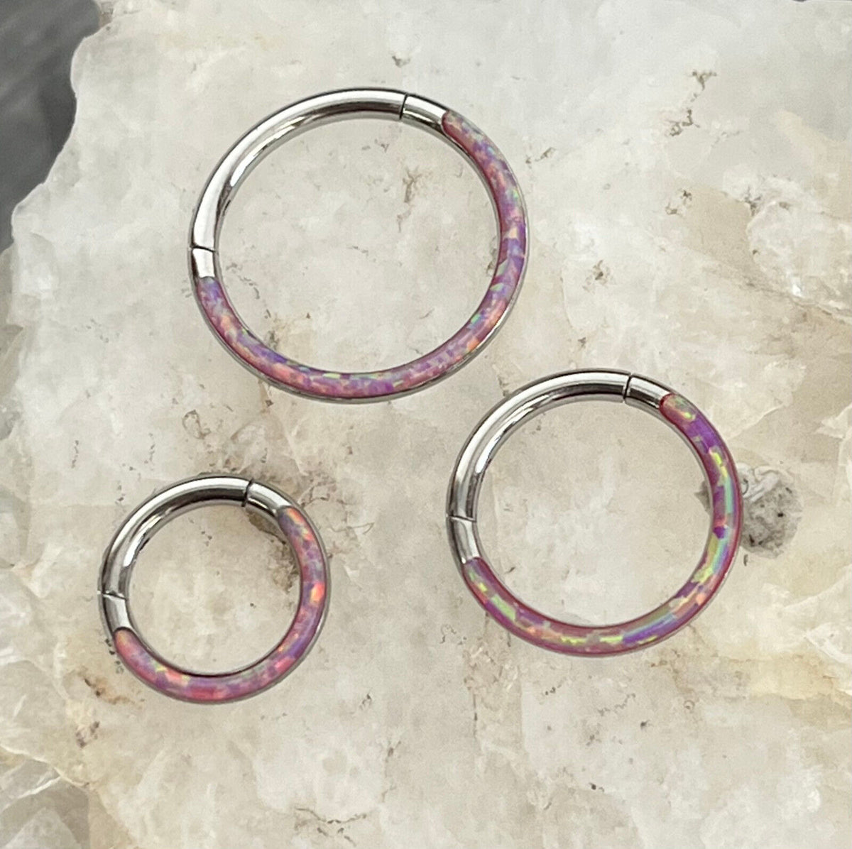 1pc Opal Front Edge Hinged Segment Ring Septum Clicker Steel Daith Hoop Jewelry (Color: Pink)