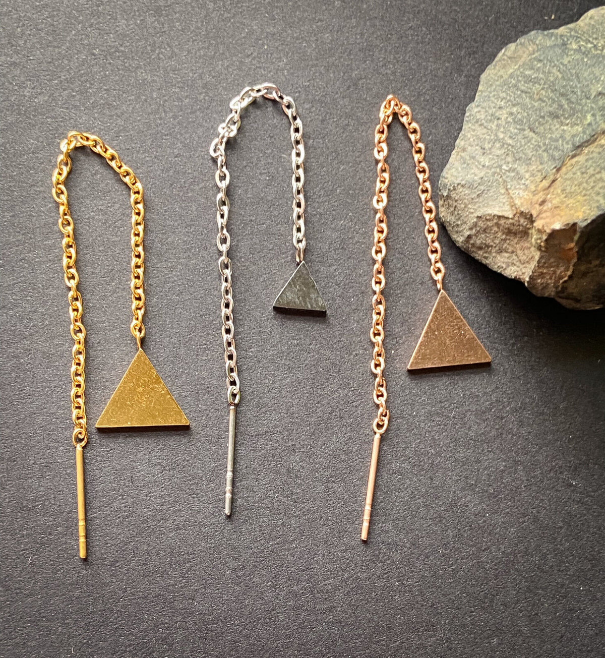 PAIR of Free Falling Chain Earrings w/ Bar & Solid Triangle 20g Stainless Steel