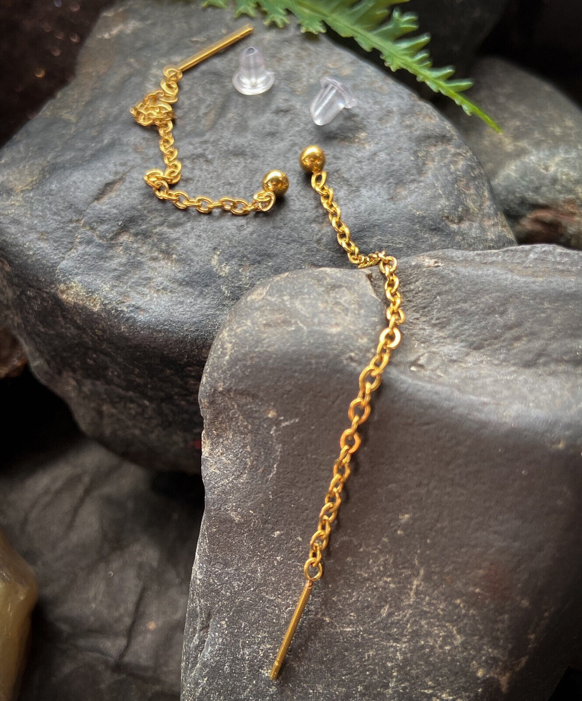 PAIR of Single Chain Free Falling Bar IP Stainless Steel 20g Earrings (Color: Gold)