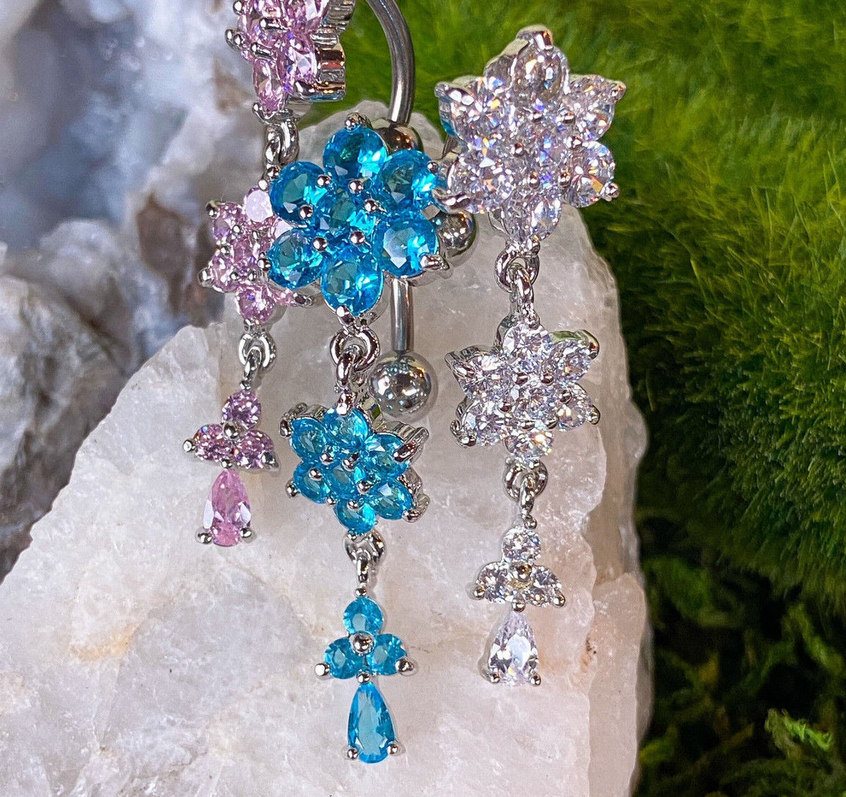 1pc Reverse Triple Flower CZ Gem Dangle Belly Ring Navel Piercing Naval Jewelry