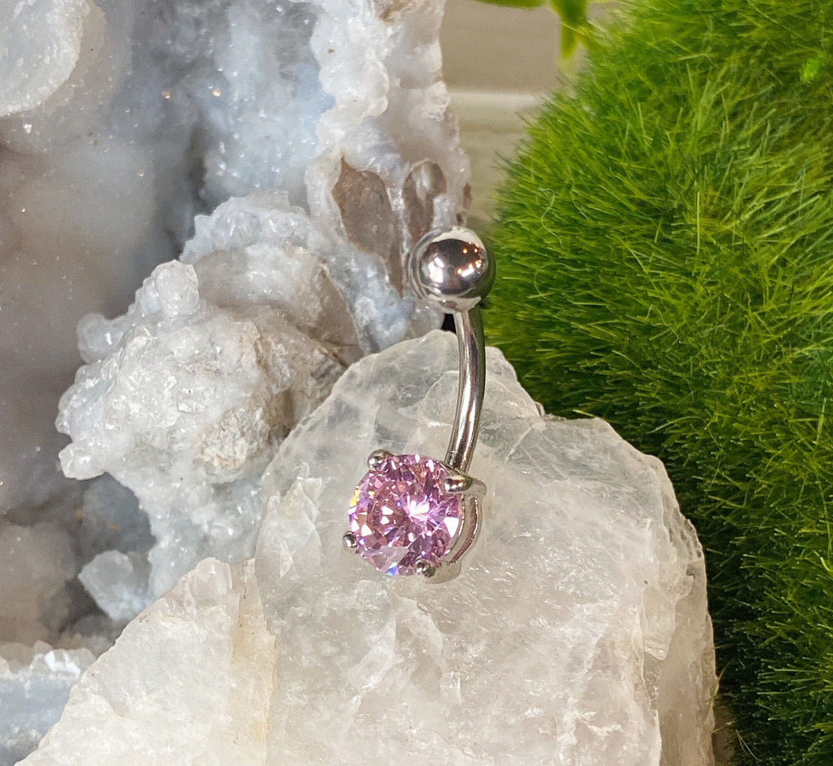1pc Solitaire CZ Gem Belly Ring Navel Piercing Pierced Naval Body Jewelry (Color: Pink)