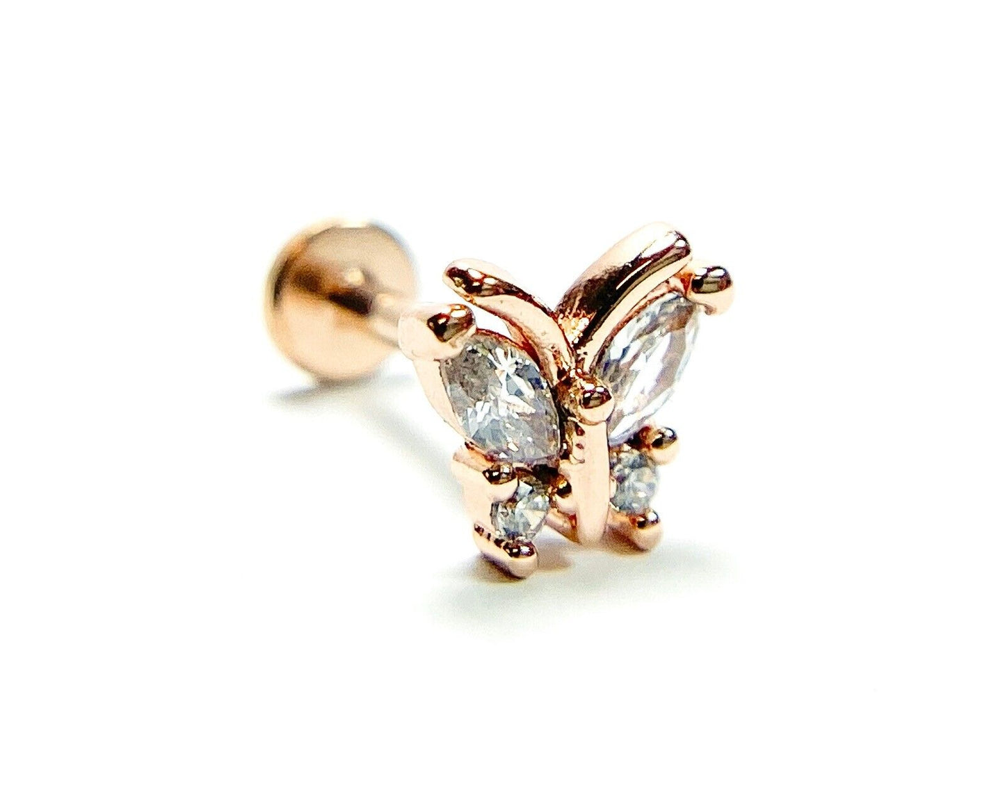 1pc CZ Gems Butterfly 16g Labret Internally Threaded Steel Monroe Tragus Helix (Color: Rose Gold)