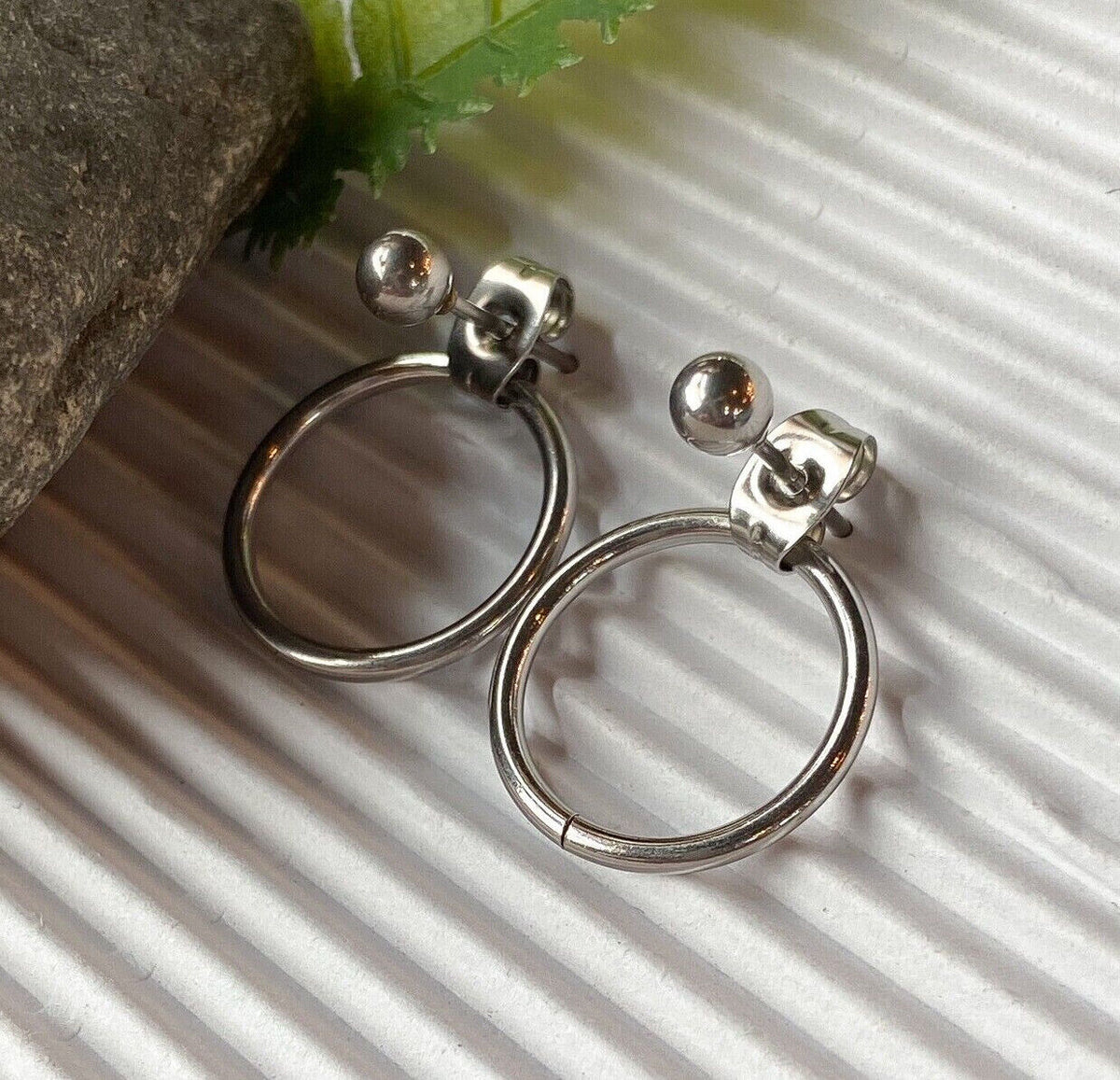 PAIR of Ball End IP Stainless Steel 20g Earrings w/ Hoop Back (Color: Silver)