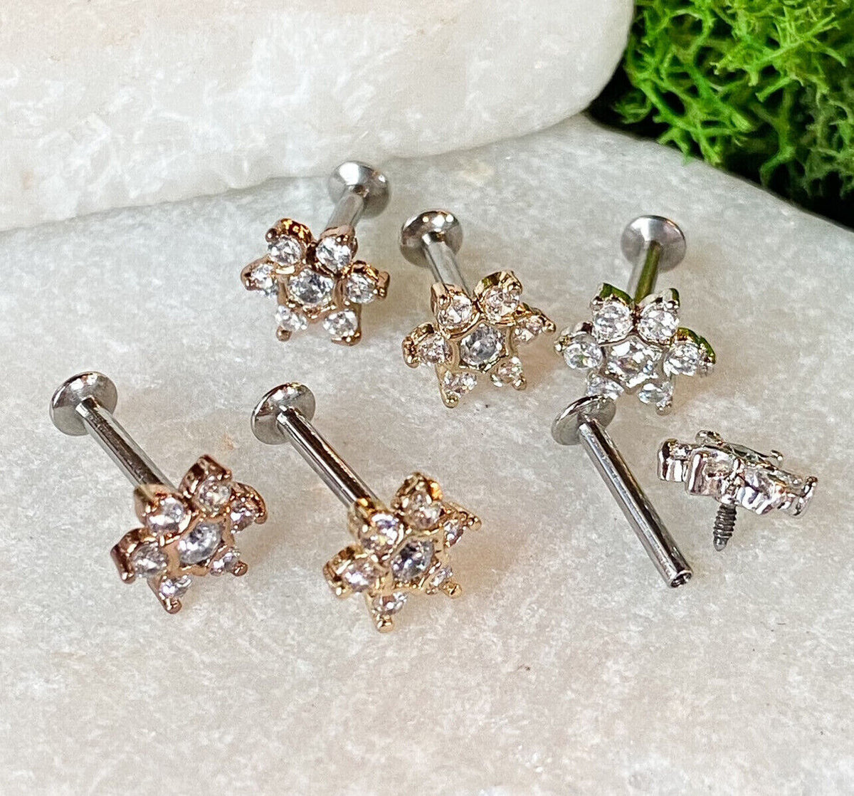 1pc CZ Gem Set Star 16g Internally Threaded 1/4" or 5/16" Steel Labret Monroe
