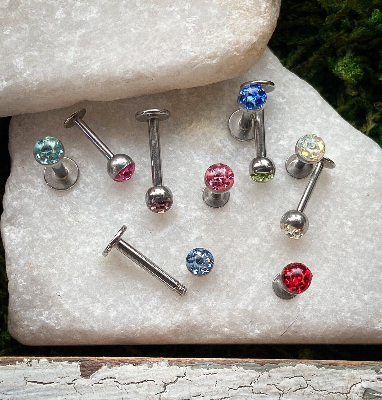 Austrian Crystal Paved Ferido Gem 16G or 14G Steel Labret Monroe Cheek Barbells