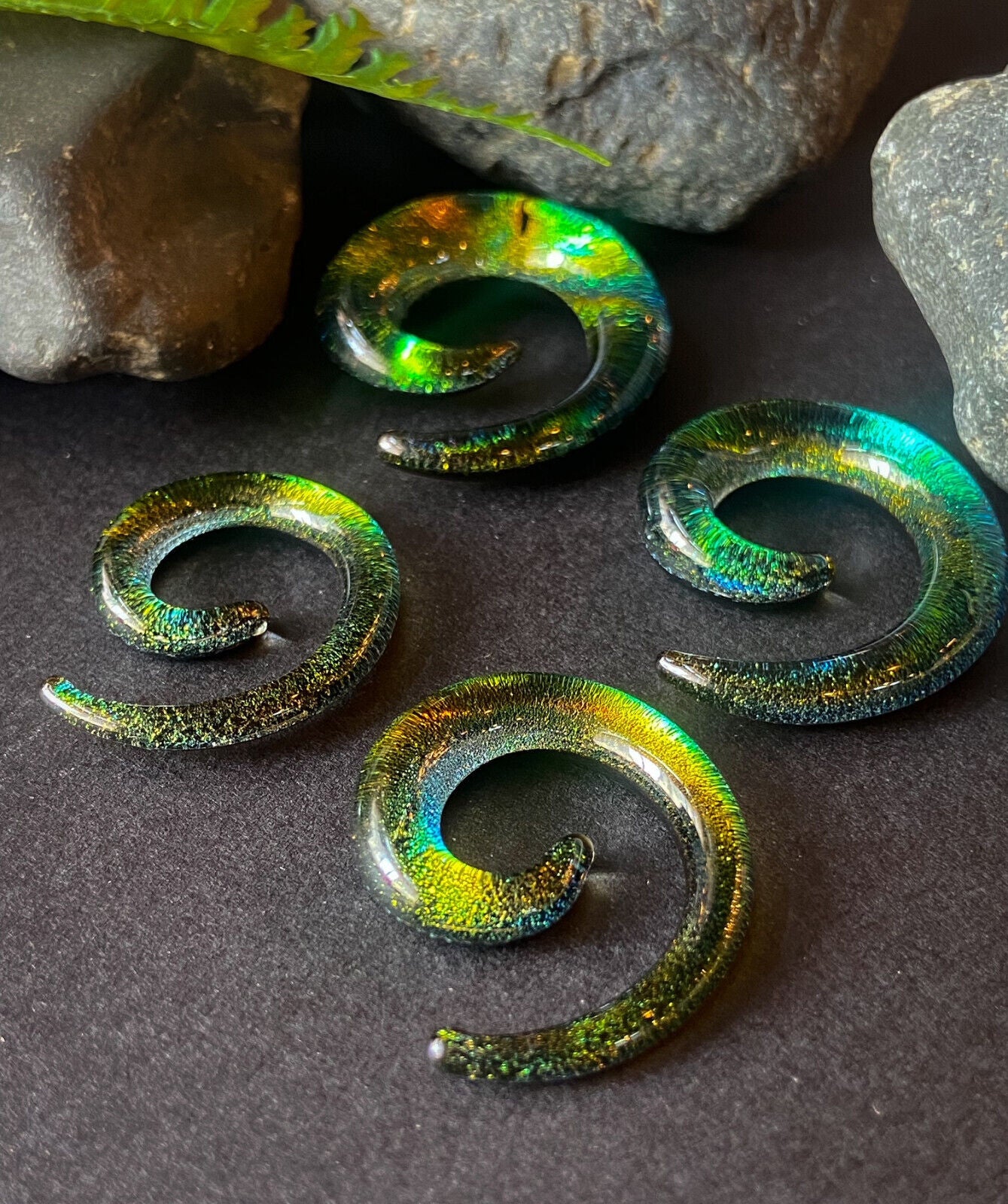 PAIR Green Glitter Foil Glass Spiral Tapers Expanders Plugs Gauges Body Jewelry