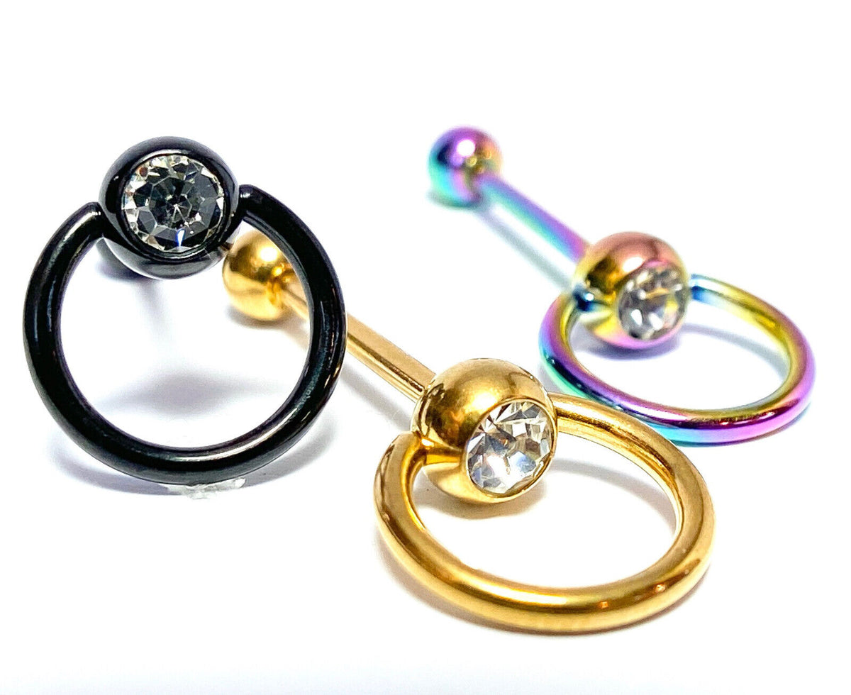 1pc Clear Gem w/ Slave Ring Tongue Ring IP Steel Barbell Door Knocker Tounge