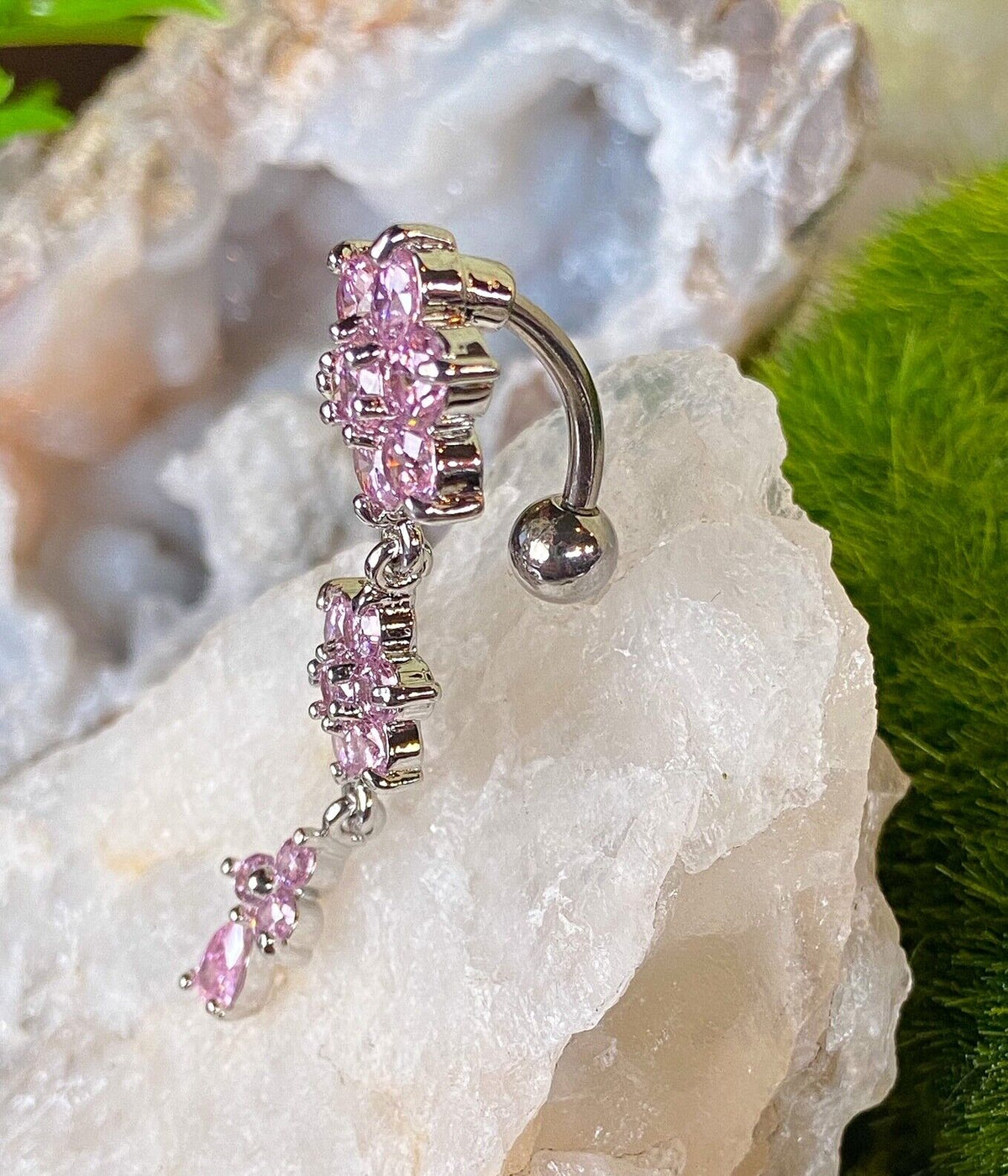 1pc Reverse Triple Flower CZ Gem Dangle Belly Ring Navel Piercing Naval Jewelry (Color: Pink)