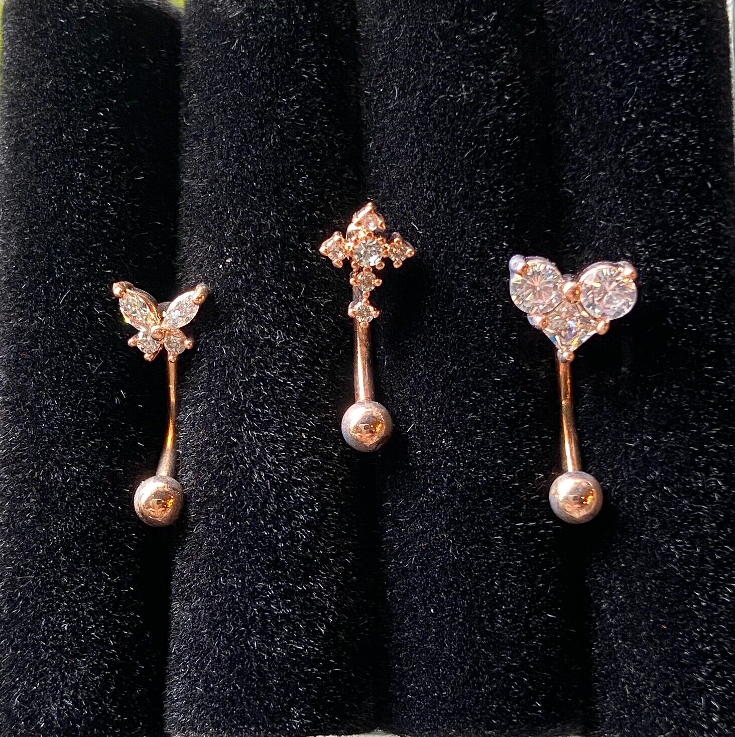 3pc Box Value Pack Steel Eyebrow Rings Curved Barbells Butterfly, Cross, Heart (Color: Rose Gold)