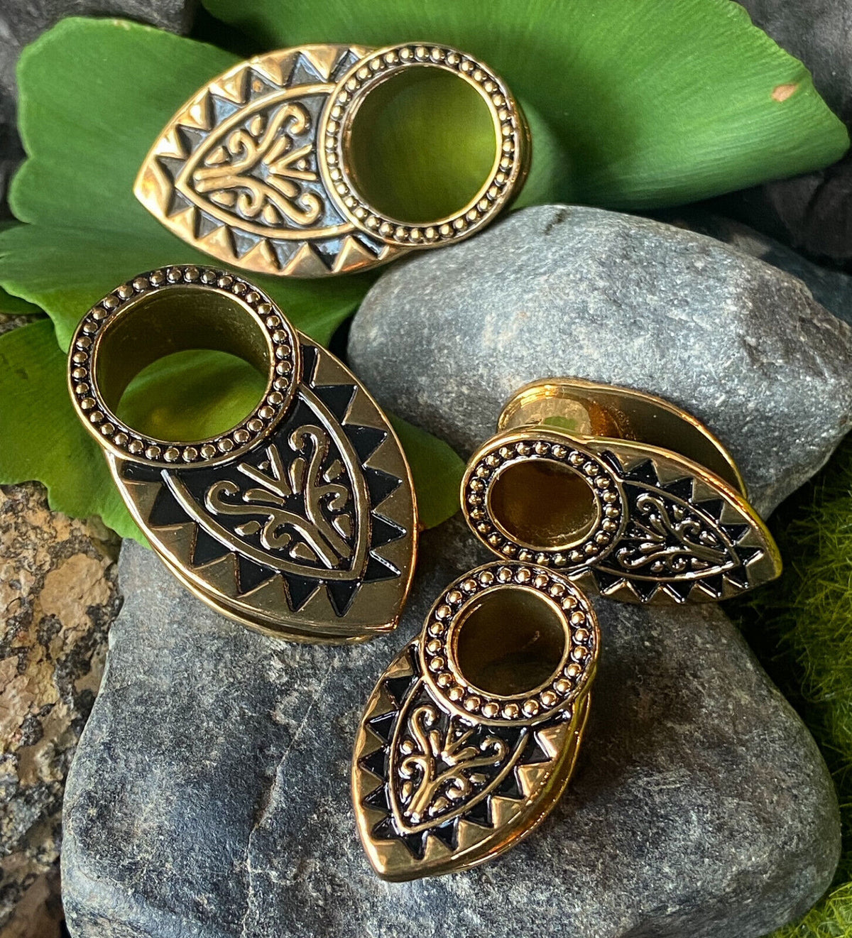 PAIR Tribal Filigree Gold Plated Copper Tunnel Ear Spreaders Plugs Gauges