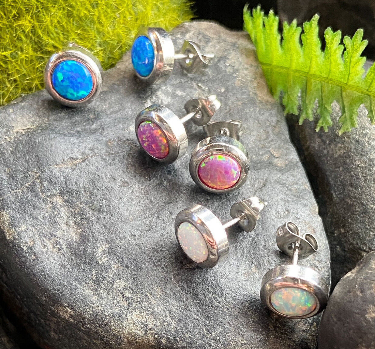 PAIR Large 6mm Opal in 9mm Bezel Setting 316L Stainless Steel Earrings