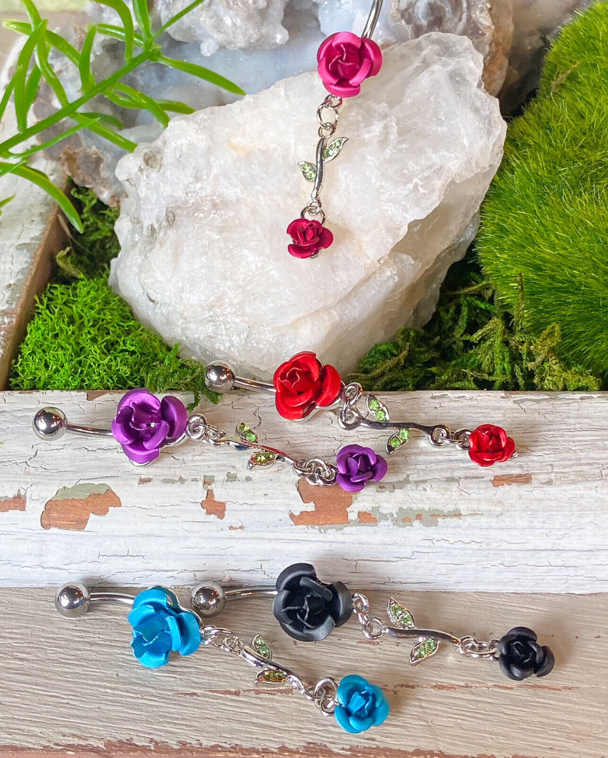 1pc Double Rose & Vine Belly Ring Navel Piercing Pierced Naval Flower Jewelry