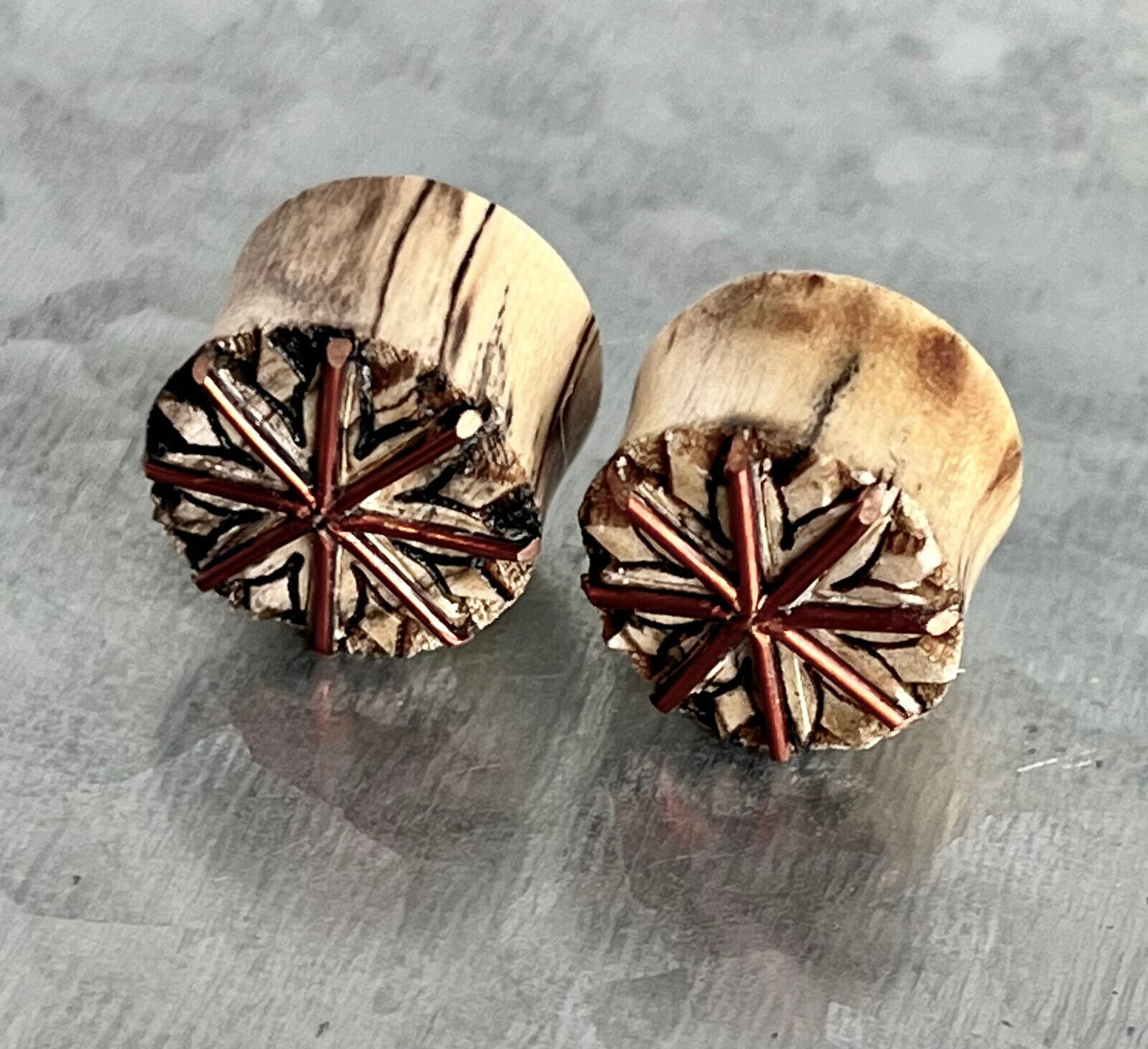 PAIR Copper Wire Tribal Lotus Style Wood Saddle Plugs Gauges Earlets