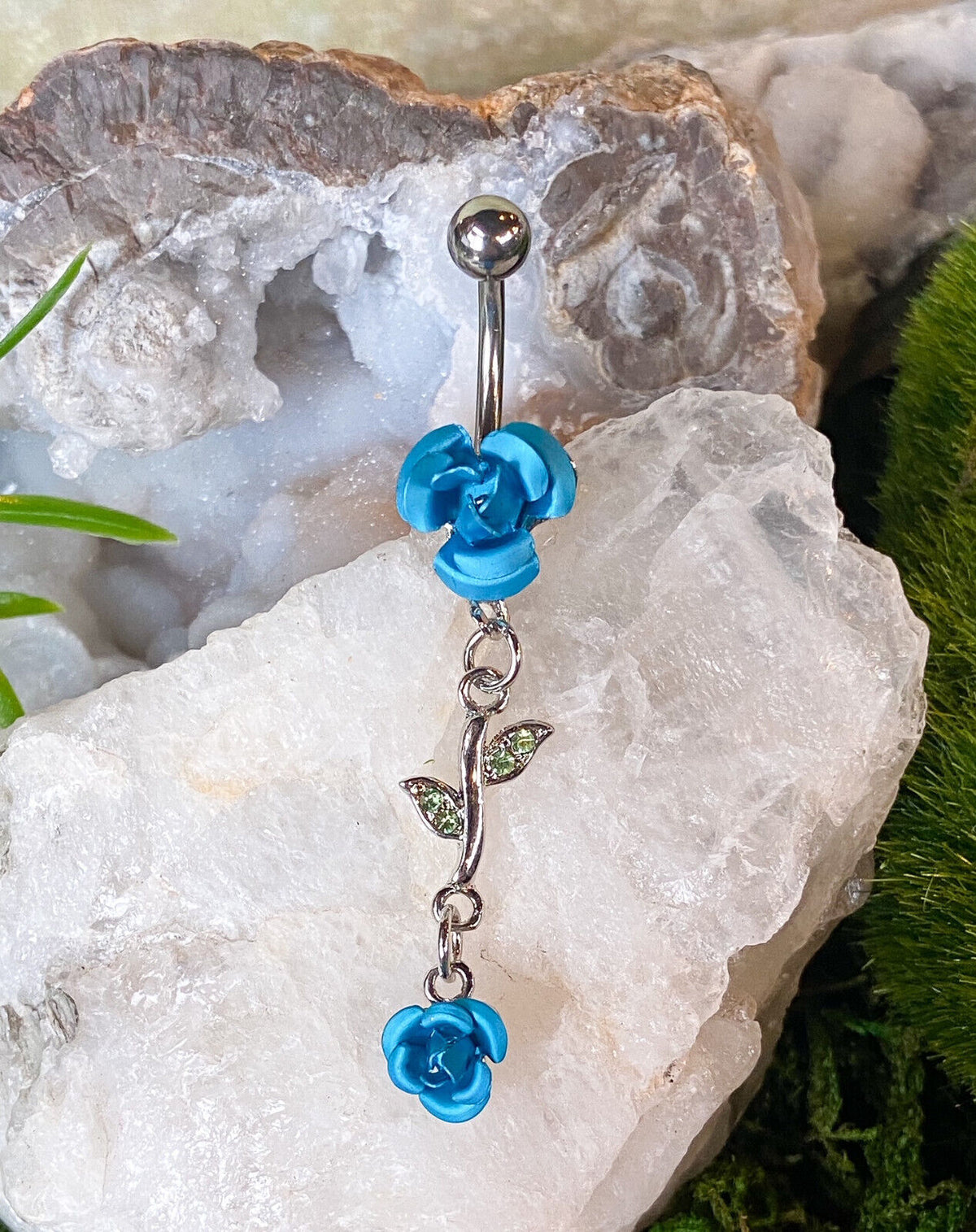 1pc Double Rose & Vine Belly Ring Navel Piercing Pierced Naval Flower Jewelry (Color: Aqua)