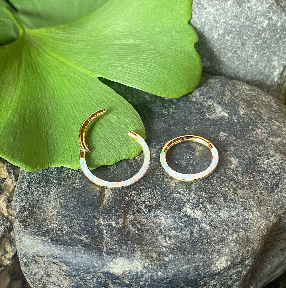 1pc Opal Front Edge Hinged Segment Ring Septum Clicker Steel Daith Hoop Jewelry (Color: Gold - White)