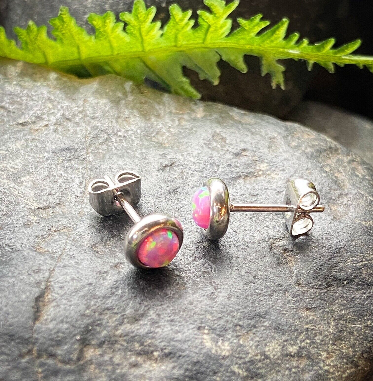 PAIR Bezel Set Opal 316L Surgical Steel Earrings - choose from 18 color combos! (Color: Pink / Silver)