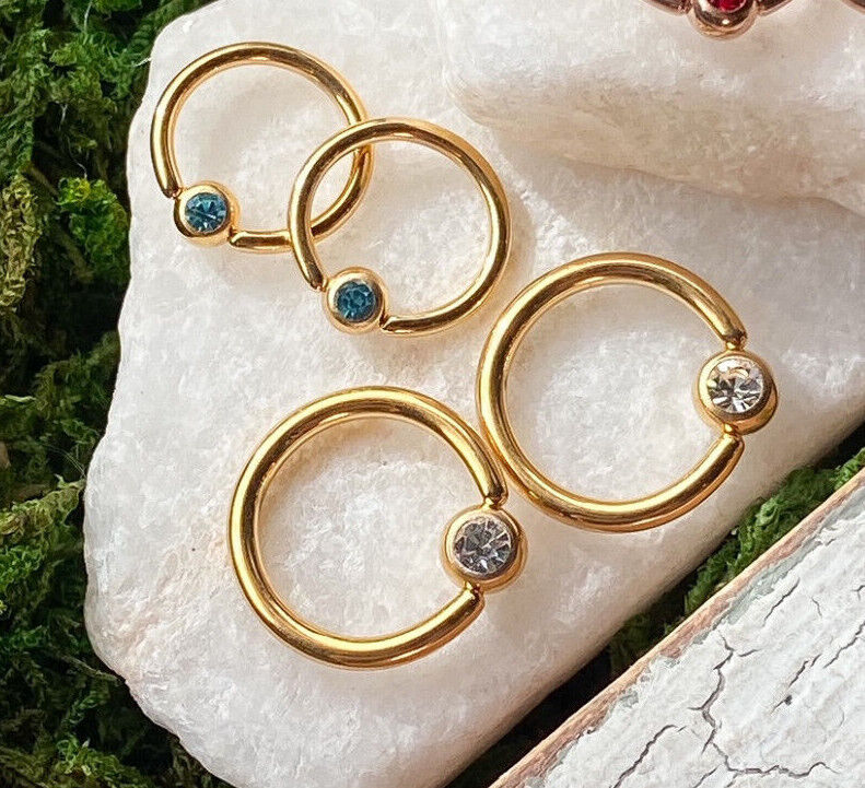 PAIR Gold Plated Gem Captive Bead Rings for Ears, Eyebrow, Septum, Nipples, etc