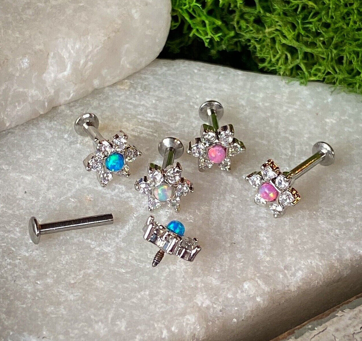 1pc Opal & CZ Star 16g Internally Threaded 1/4" or 5/16" Steel Labret Monroe