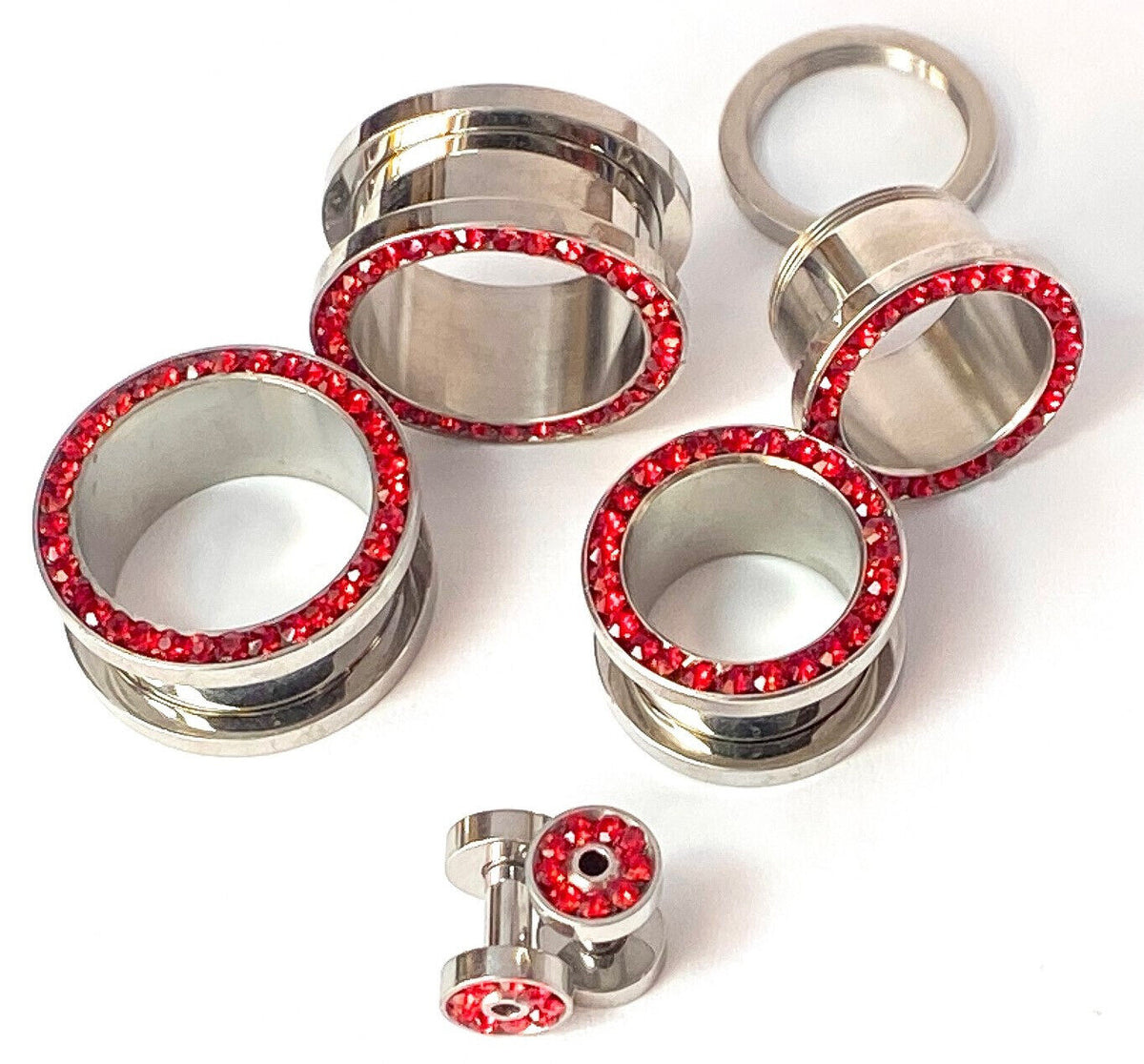PAIR Red CZ Gem Rimmed 316L Surgical Steel Screw Fit Tunnels Plugs Gauges