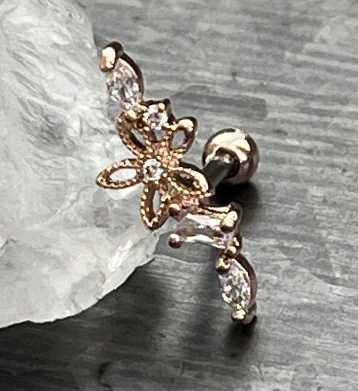 1pc CZ Gem Hollow Flower Tragus Helix Cartilage Barbell Ring 16g 1/4" (Color: Rose Gold)