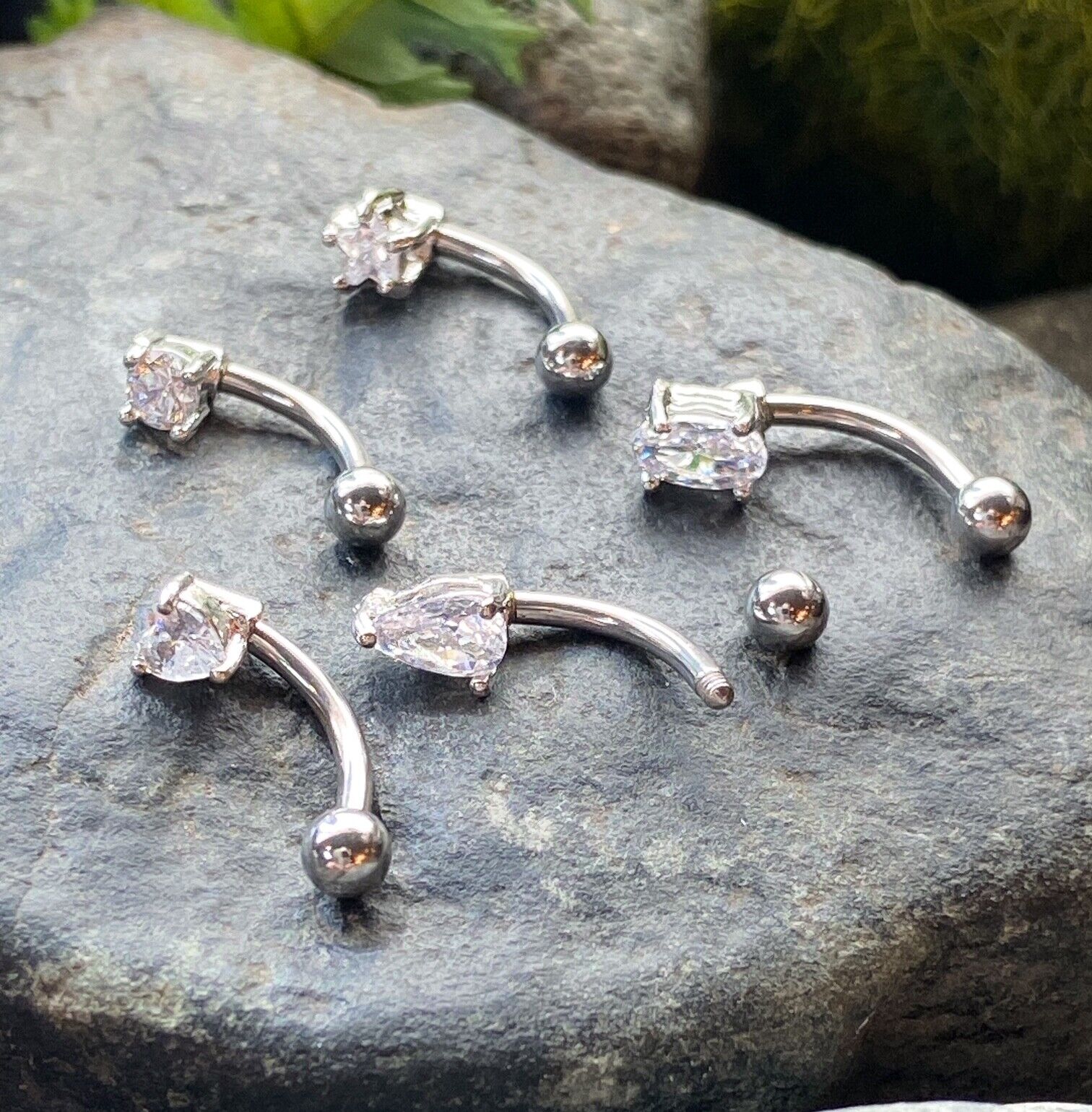 5pc Value Pack Prong Set CZ Gem Shapes Eyebrow Rings Curved Barbells 316L Steel (Color: Silver)