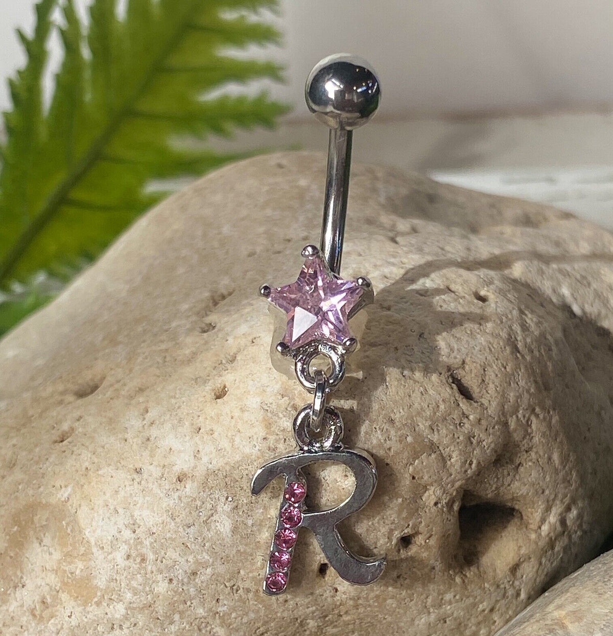 1pc Initial Belly Ring "Metro" Style Pink Gems Navel Naval Letter Body Jewelry (Initial: R)