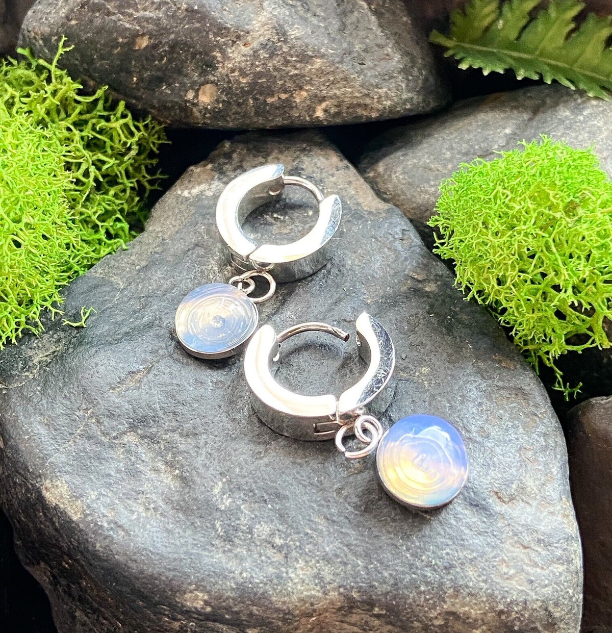 PAIR of Hinged Hoop Earrings Semi-Precious Stone Dangle 20g 316L Stainless Steel (Dangle Stone: Opalite)