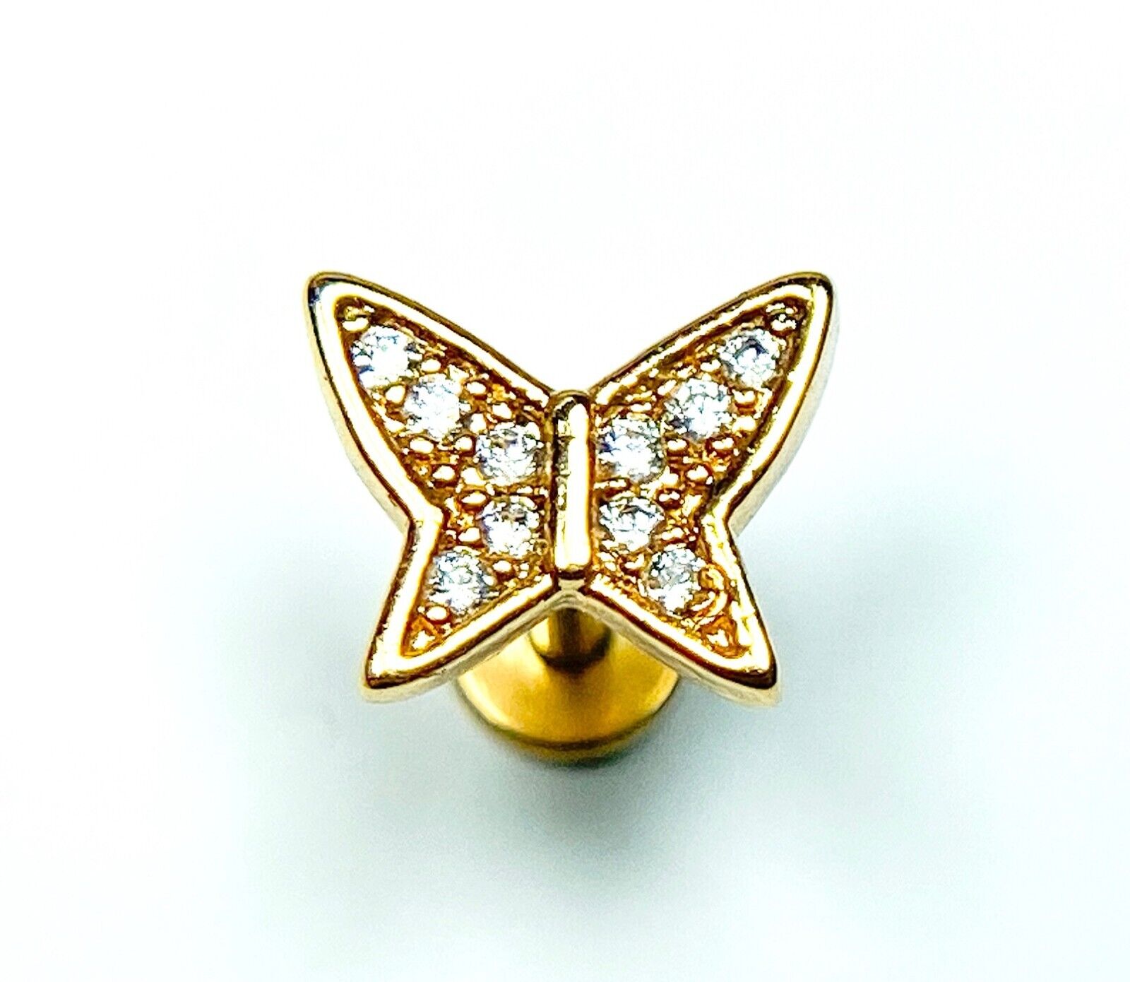 1pc CZ Paved Butterfly 16g Labret Internally Threaded Steel Monroe Tragus Helix (Color: Gold)