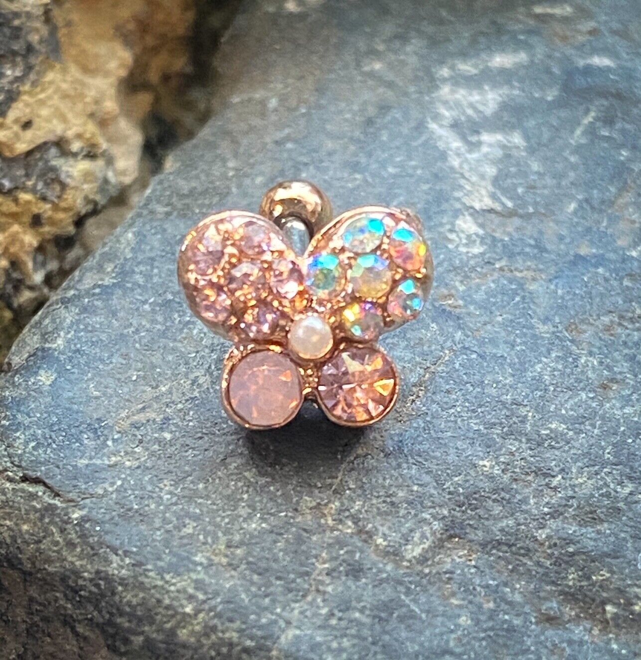 1pc Crystal Paved Butterfly Steel Tragus Cartilage Barbell Ring 16g 1/4" (Color: Rose Gold)