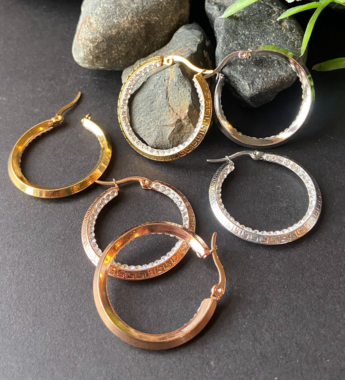PAIR of Maze Hoop w/ Crystal Gem Paved Inner Edge Earrings 20g Stainless Steel