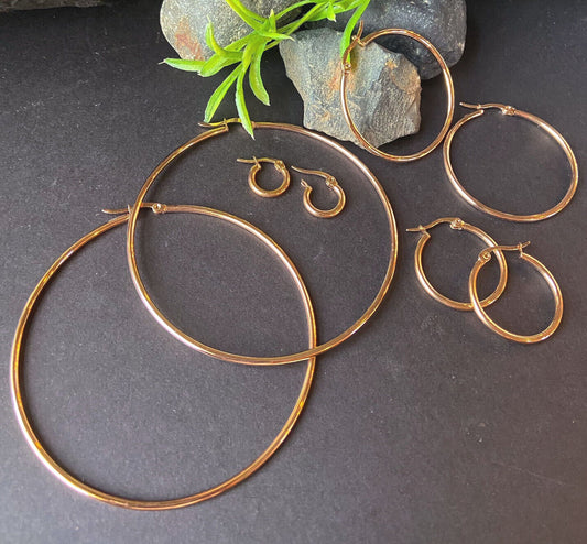 PAIR of Round Hoop Earrings 22g Rose Gold Ion Plated Stainless Steel