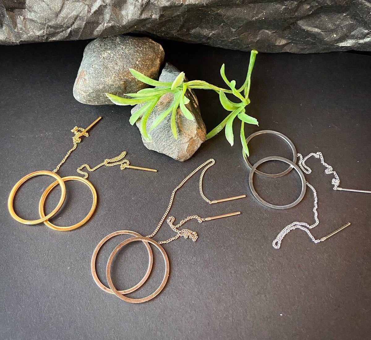 PAIR of Free Falling Chain Earrings w/ Bar & Open Circle 20g Stainless Steel