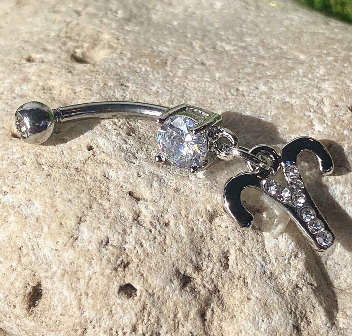 Zodiac Sign Paved CZ Gem Belly Ring Pierced Navel Astrology 14g Surgical Steel  (Sign: Aries)