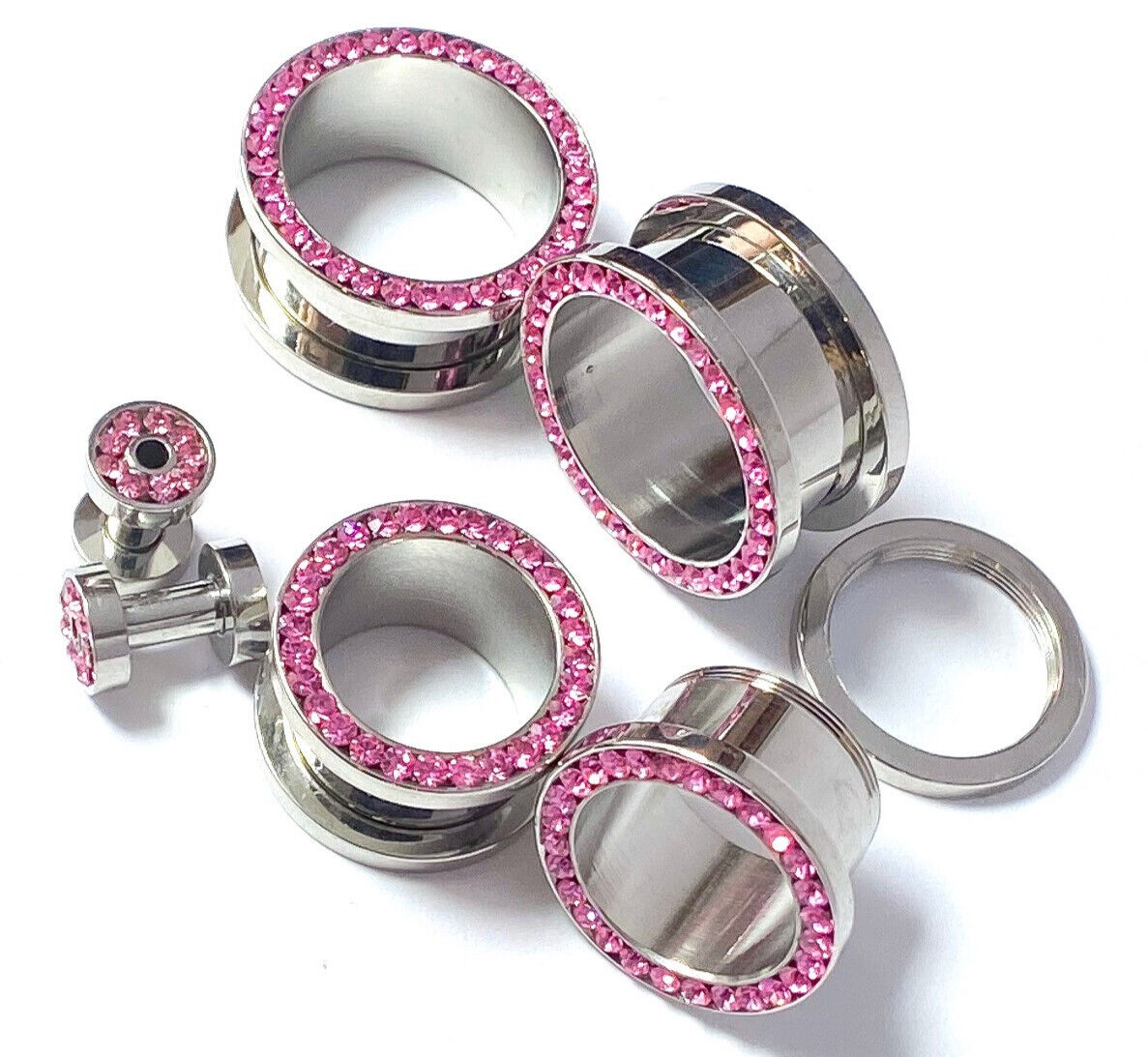 PAIR Pink CZ Gem Rimmed 316L Surgical Steel Screw Fit Tunnels Plugs Gauges